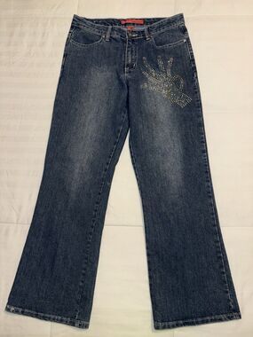 VTG Cosmopolitan Blue Bootcut Jeans Rhinestone Hand Graphic Y2K Bling 8P